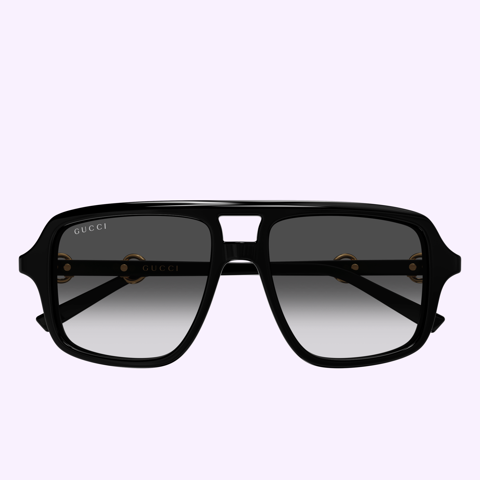 Gucci Sunglasses GG2052S-007 55 with thick frames and gradient lenses are displayed on a light, solid background. Representing the height of luxury fashion, these contemporary Gucci Sunglasses showcase the GUCCI logo on the inner part of the left lens.