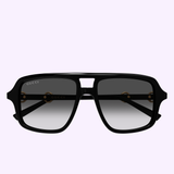 Gucci Sunglasses GG2052S-007 55 with thick frames and gradient lenses are displayed on a light, solid background. Representing the height of luxury fashion, these contemporary Gucci Sunglasses showcase the GUCCI logo on the inner part of the left lens.