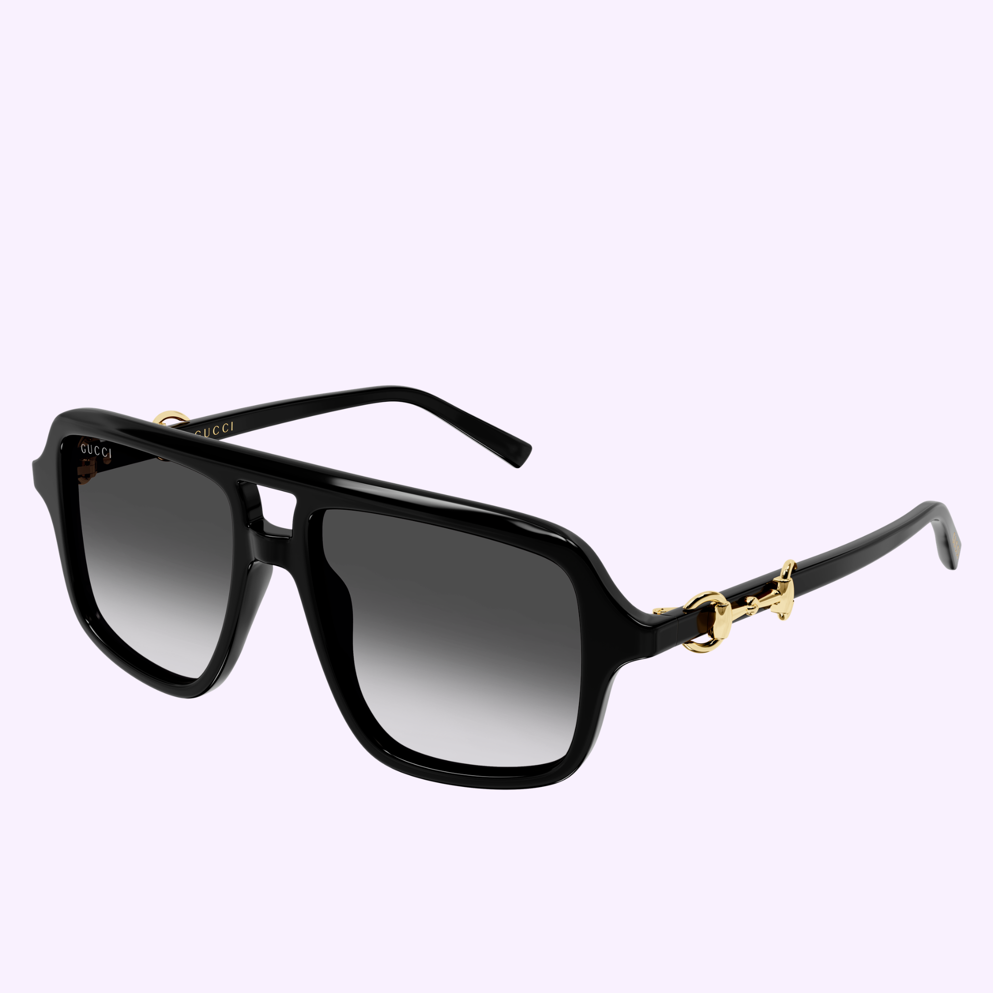 Exuding luxury fashion, the Gucci Sunglasses GG2052S-007 55 feature black square frames with gold accents and dark gradient lenses, stylishly showcased against a light purple background. These Gucci Sunglasses present a sophisticated and timeless accessory suitable for any occasion.