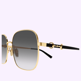 Gold-framed Gucci Sunglasses GG2053S-001 58 with square gradient lenses and black temple arms, showcased on a light purple background—these Gucci Sunglasses are the ultimate accessory for those who appreciate contemporary and luxury fashion.