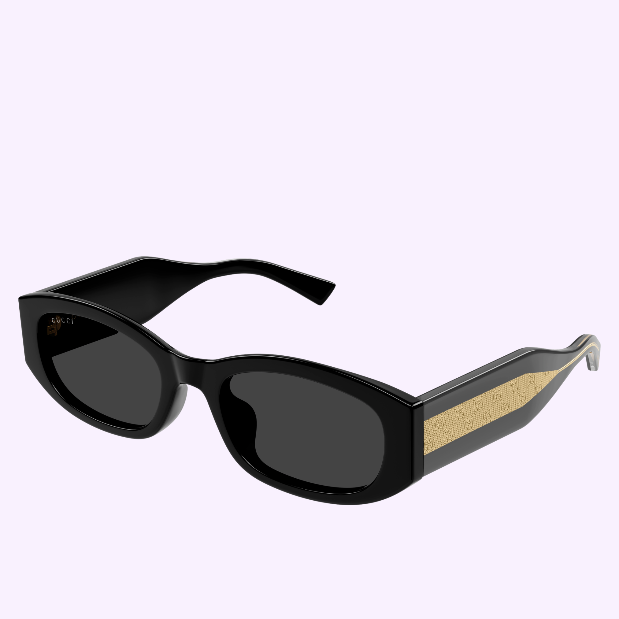 Gucci Sunglasses GG2068SA-001 55 feature black rectangular frames, dark lenses, and gold logo accents on the arms. Displayed on a light purple background, they make a bold statement for contemporary fashion enthusiasts.