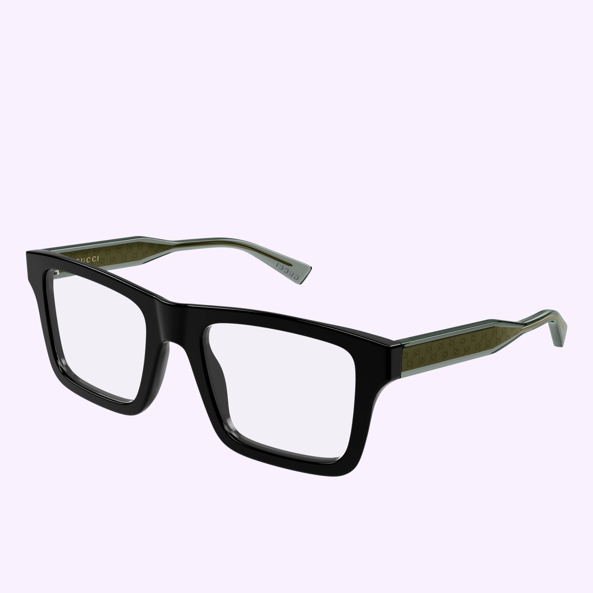Gucci Optical Frames GG2070O-001 53 by Gucci Sunglasses feature black rectangular thick frames, clear lenses, and textured green arms, offering a modern eyewear look on a light purple background.