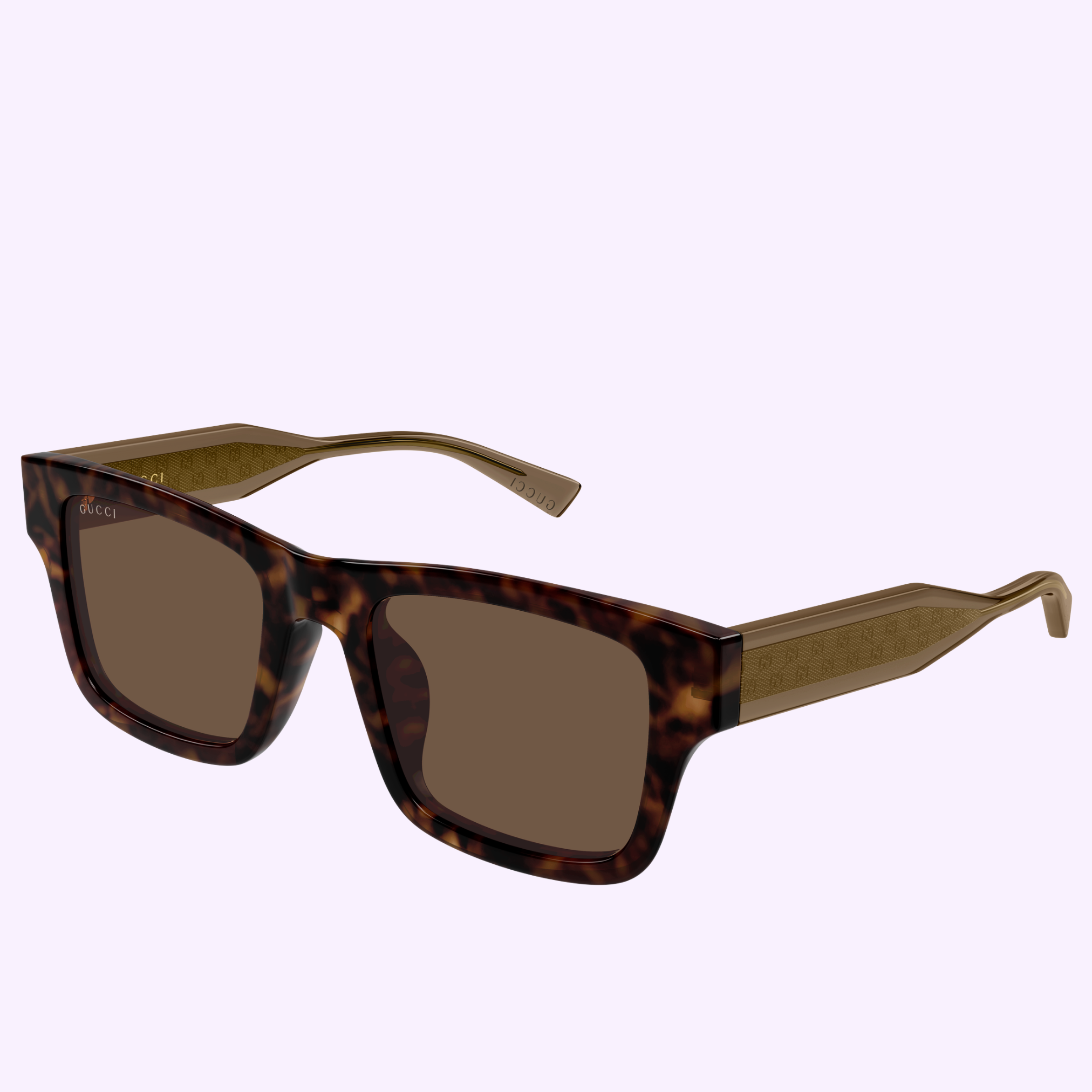 Gucci Sunglasses GG2072SA-003 52 feature rectangular tortoiseshell frames with brown lenses and subtly branded arms, embodying luxury style. Shown here against a light purple background.