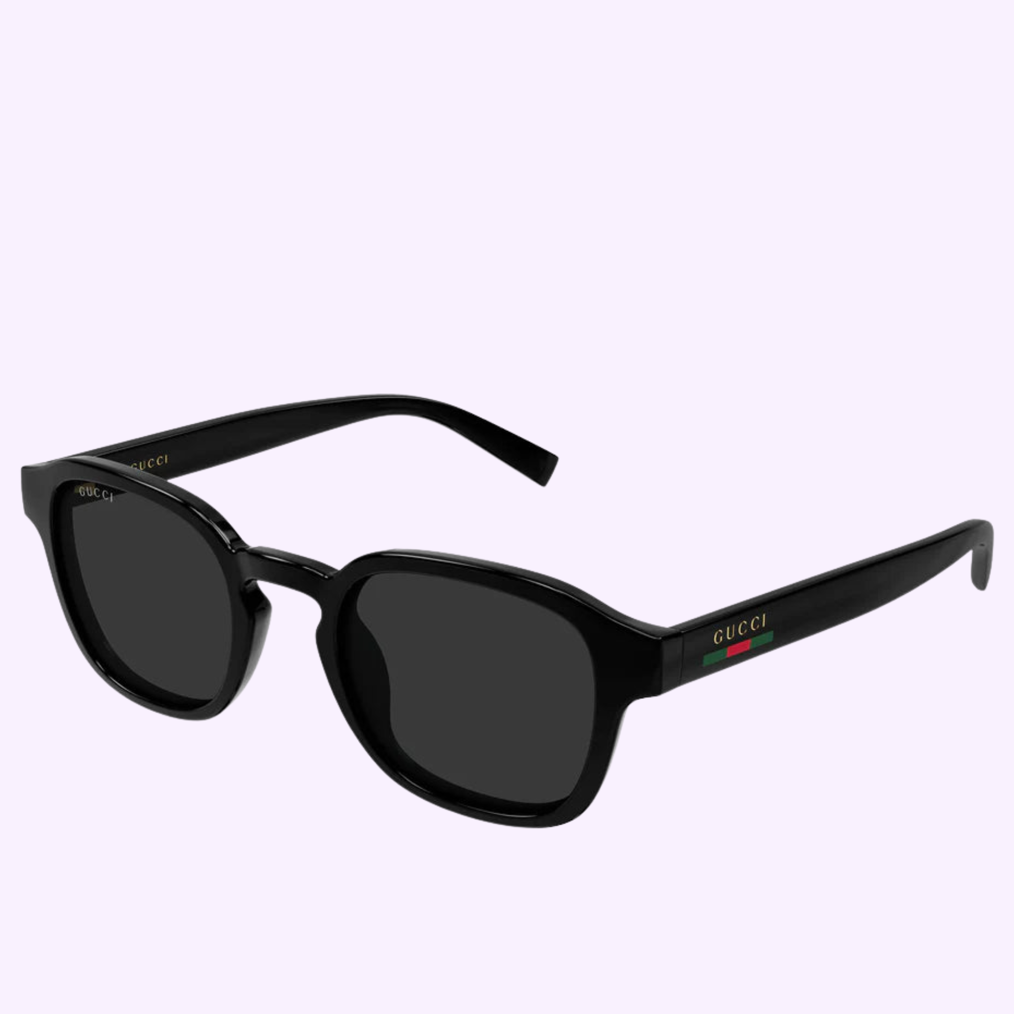 Gucci Sunglasses GG2106S-001 49 feature black rectangular lenses, gold GUCCI lettering, and red-green stripes on the temples, displayed on a light purple background—a signature of luxury fashion.