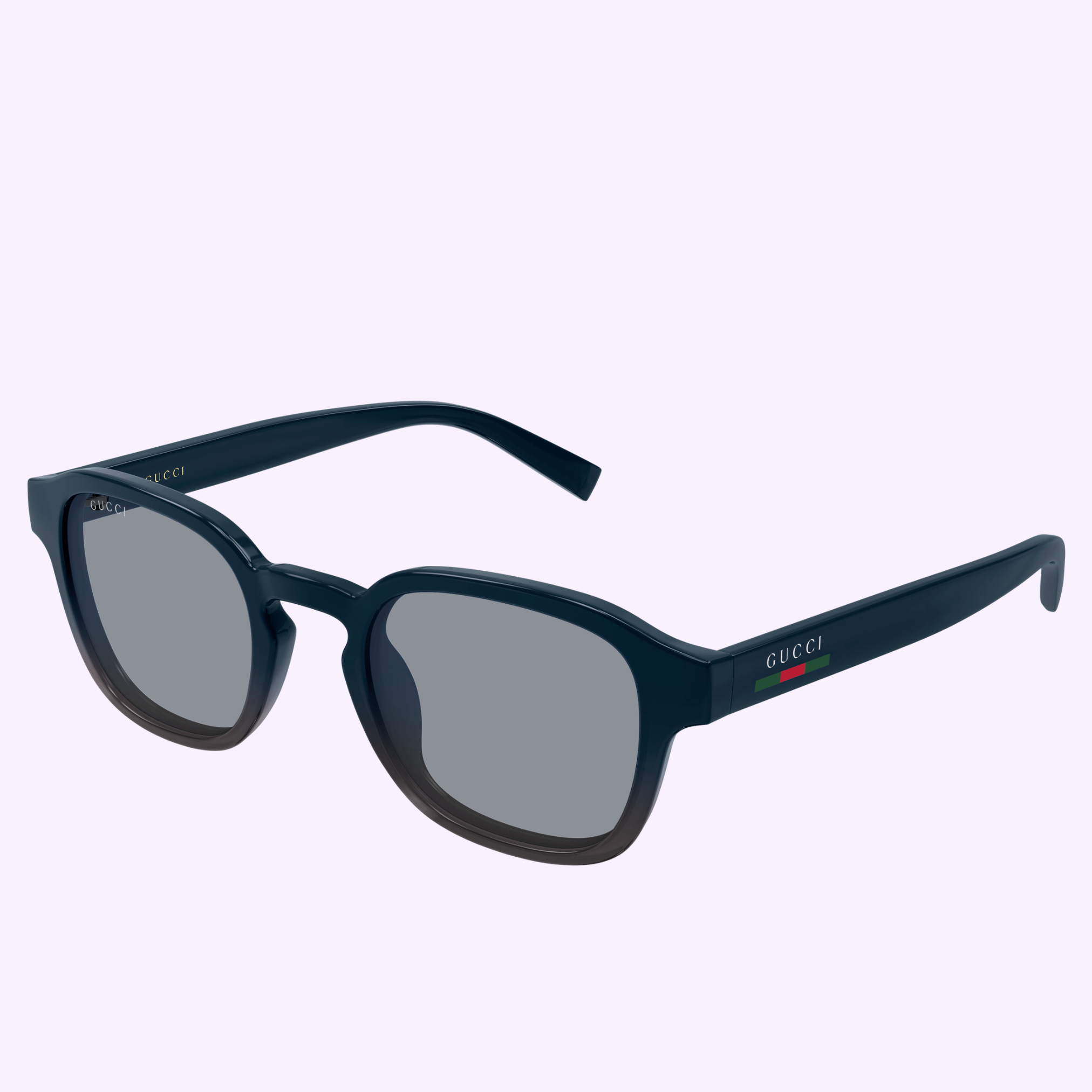 Gucci Sunglasses GG2106S-004 49 in dark blue, featuring square frames and gray lenses, are displayed angled on a pastel background. The Gucci Sunglasses logo and a green-red accent appear on the temple.