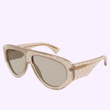 Elevate your style with the Gucci Sunglasses GG2128S-005 58, featuring a translucent beige frame adorned with a subtle monogram pattern and brown-tinted lenses. These luxury designer sunglasses by Gucci Sunglasses are the perfect accessory for any fashion enthusiast, beautifully showcased against a light purple background.