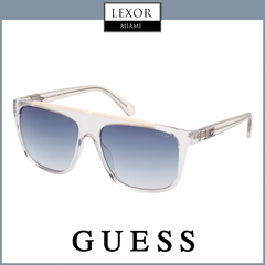 Guess Sunglasses GU00123 5826W (UPC 889214493934) feature clear frames and blue gradient lenses, shown on a white background. The Lexor Miami logo above highlights the stylish design of these fashionable Guess Sunglasses.