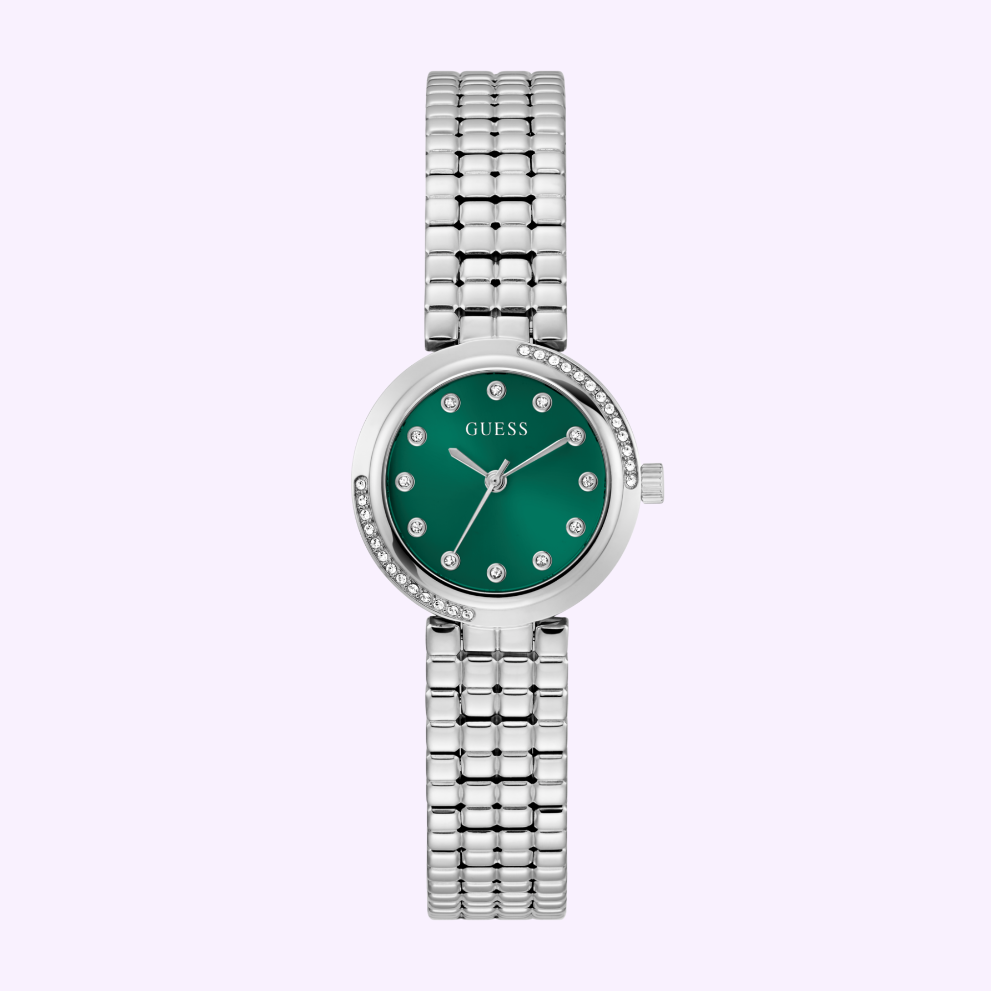 The Guess Watches CLARA GW0930L1 wristwatch showcases a green dial with crystal hour markers and a silver metal link band, set against a light purple background.