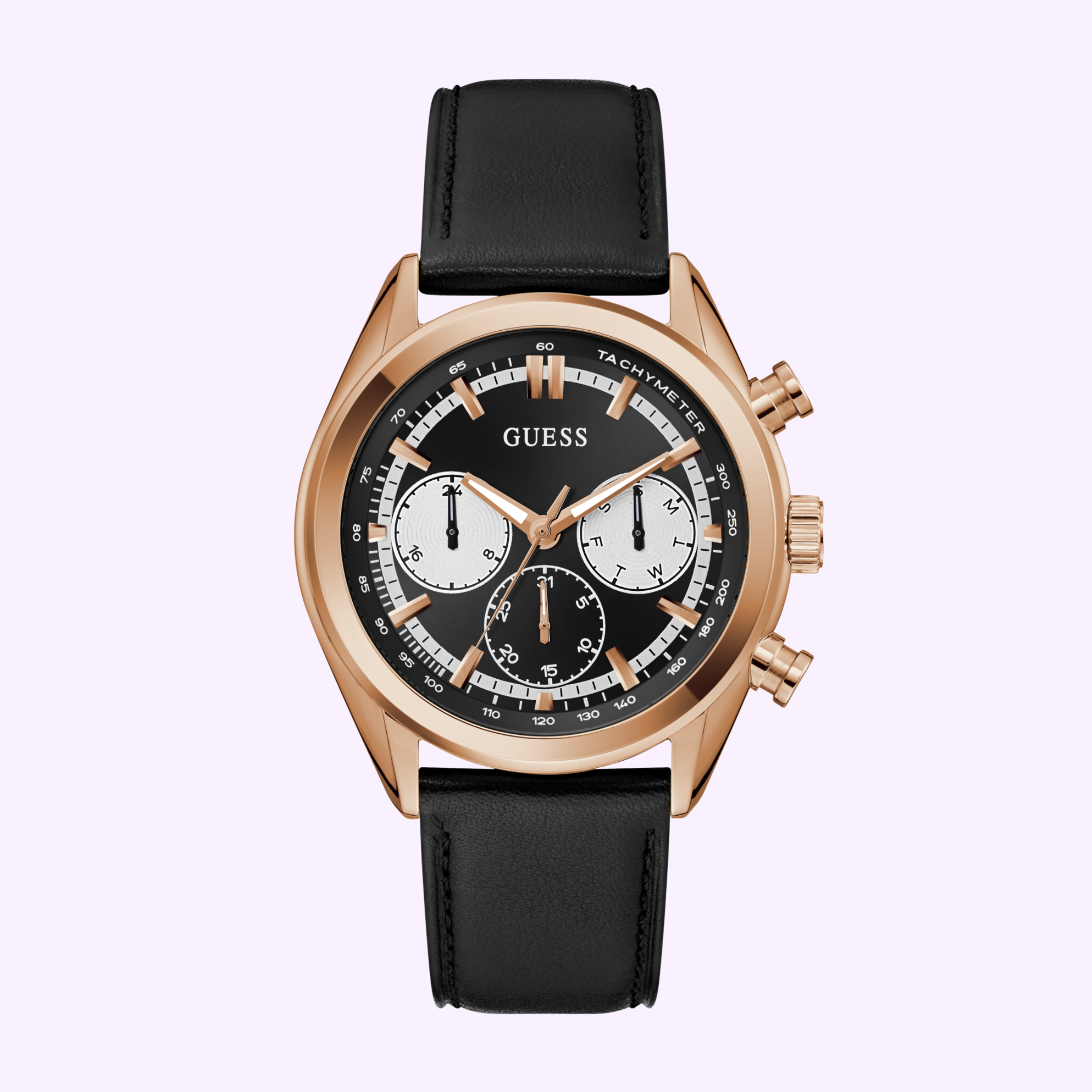 The Guess Watches DAWSON GW0972G4 men's watch showcases a gold-tone case, black leather strap, black and white dial with three subdials and side buttons, displayed on a pale purple background.