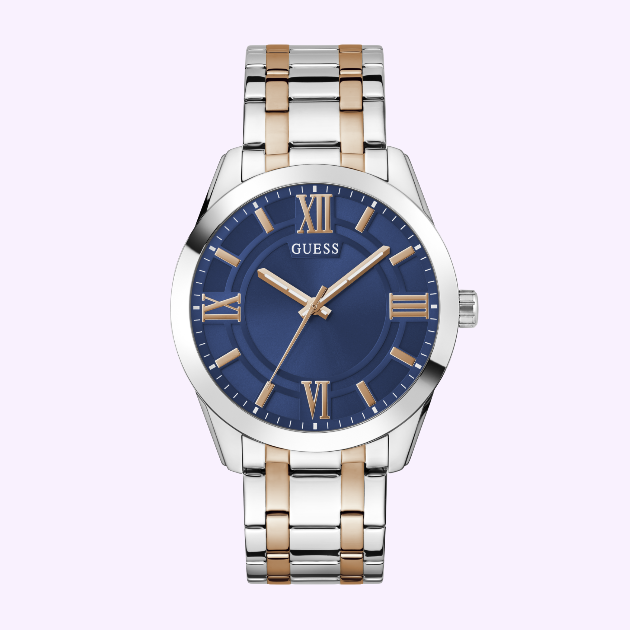 The Guess Watches ELLIOT 0GW0893G2 features a silver and gold two-tone metal band, a blue dial with gold Roman numerals, and is shown on a light purple background. Discover timeless style with Guess Watches.