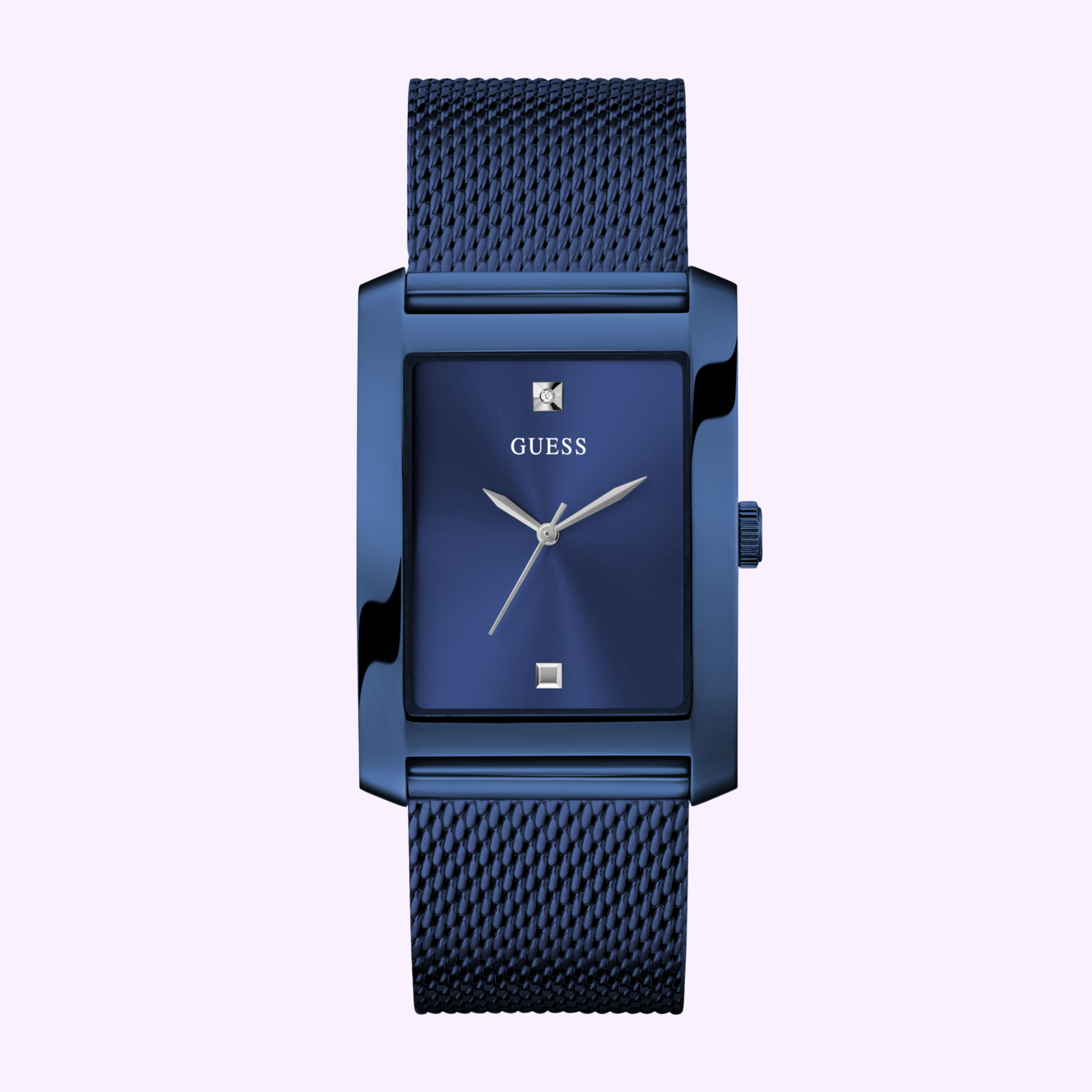 A rectangular blue Guess Watches CLYDE GW0898G2 wristwatch with mesh strap, minimalist face, silver hands, and square markers at 12 and 6 o’clock is displayed on a light background.