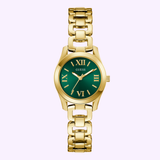 The Guess Watches GW0927L2 is a petite gold-tone analog watch with a linked band, green face, Roman numerals, recycled steel case, and the Guess Watches logo displayed below 12 o’clock for a modern, eco-friendly style.