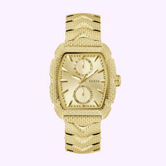 The Guess Watches NILE GW0885G1 (UPC 091661563713) features a gold-tone finish, textured band, rectangular face, two subdials, and minimalist hour markers, shown against a light background for a refined sporty style.
