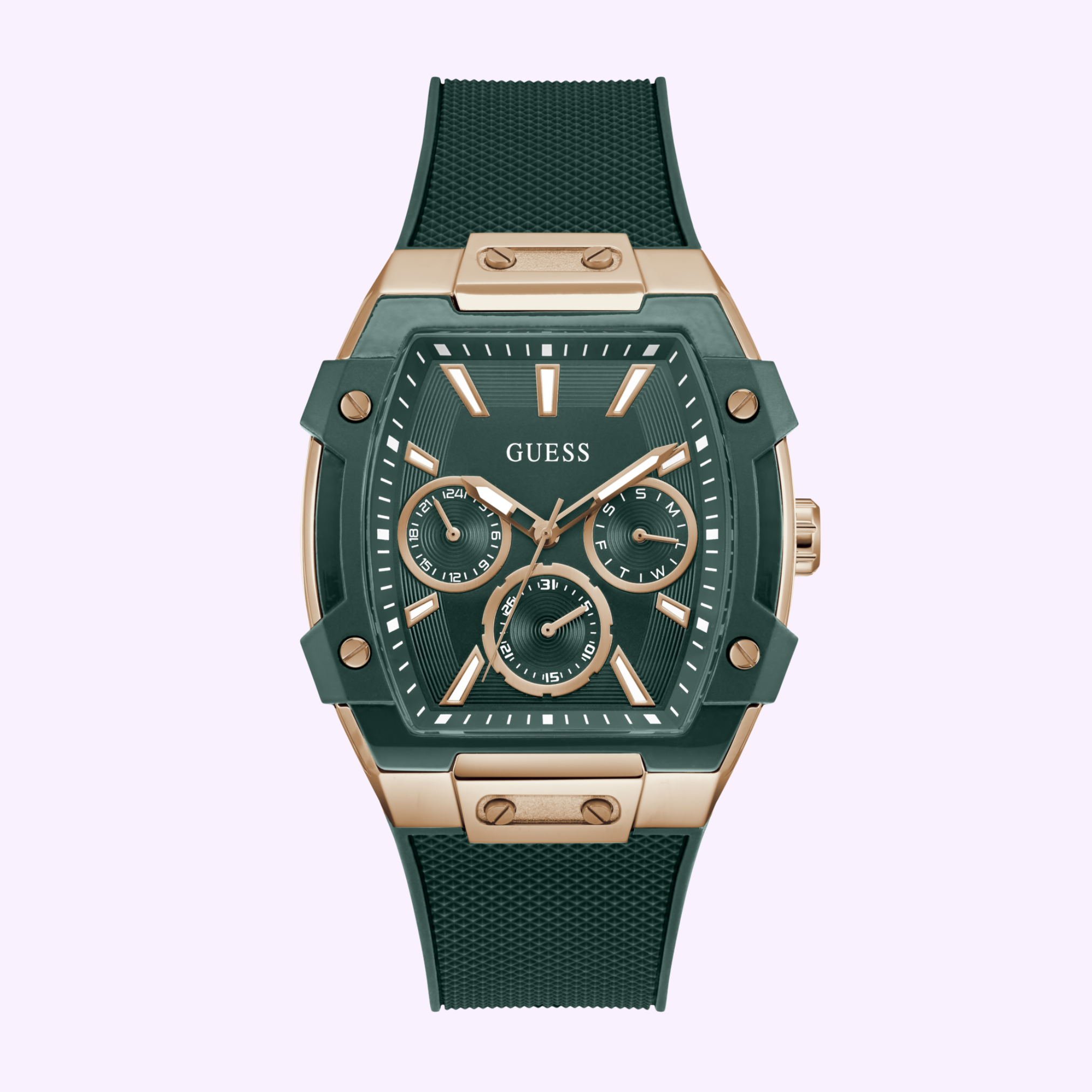The Guess Watches PHOENIX GW0956G6 is a stylish wristwatch featuring a green textured strap, rectangular gold and green case, and a green dial with gold hour markers and three subdials.