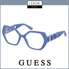 The Guess Optical Frame GU50116 53091 (UPC 889214494634) features thick hexagonal blue frames and braided temples, shown on a white background with the Lexor Miami logo above and the Guess Optical logo below.