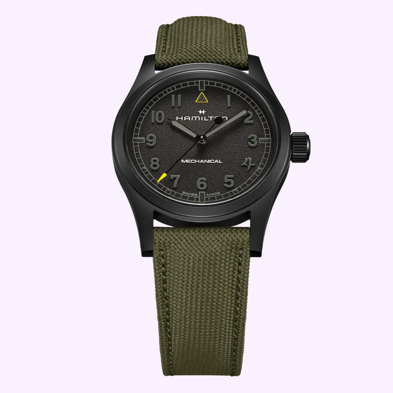 Hamilton H69469930 with yellow triangle at 12 o'clock and yellow-tipped second hand