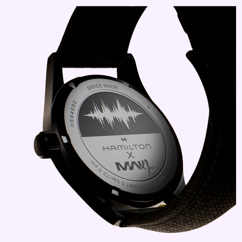 Engraved caseback of the Hamilton H69469930 with Modern Warfare soundwave design and Hamilton x Call of Duty branding