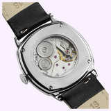 Back view of the Hamilton Watches H36129730 American Classic Cushion Mechanical watch, showcasing the exposed gears and movement through a clear case back with a black leather strap.