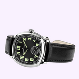 Hamilton Watches H36129730 American Classic Cushion Mechanical watch featuring a cushion-shaped case, a black dial with light-colored Arabic numerals, and a black leather strap.