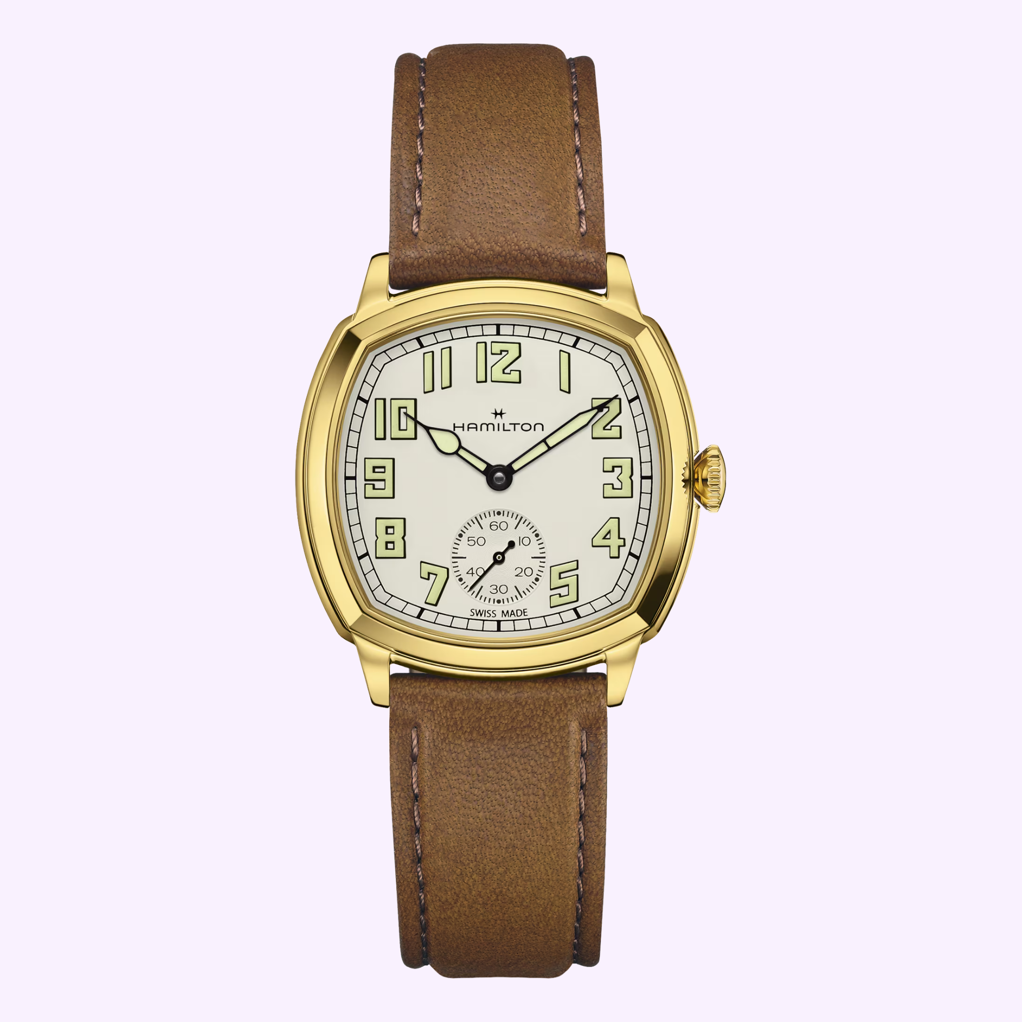 Hamilton American Classic Cushion Mechanical H36139520 gold PVD case beige dial brown leather strap