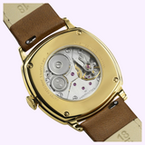 Back view of a Hamilton Watches H36139520 American Classic Cushion Mechanical watch showing the exhibition case back and the brown leather strap.