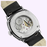 Hamilton Watches H36149710 American Classic Cushion Mechanical watch featuring a cushion-shaped case, an exhibition back showing the internal movement, and a black leather strap.