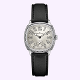 Hamilton Watches H36149710 American Classic Cushion Mechanical art deco cushion-shaped watch with a silver dial, black leather strap, and an engraved metal border.