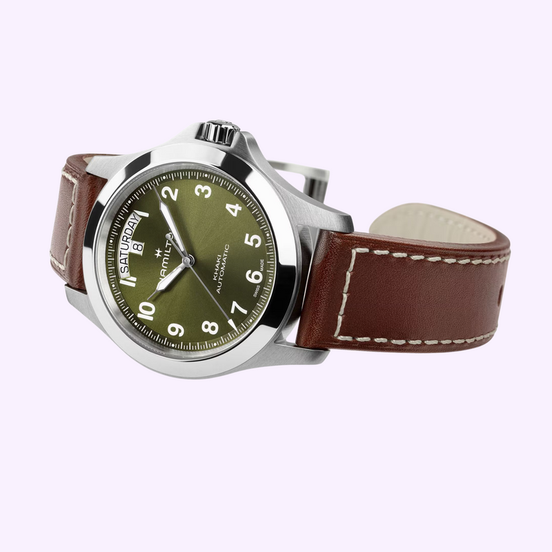 Hamilton Khaki Field King Day-Date H64475560 with khaki green dial and brown leather strap, other side view