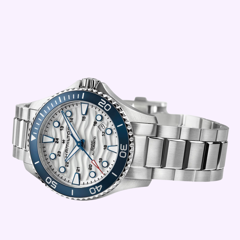 Hamilton Khaki Navy Scuba Auto 40mm H82425110 angle view showing bezel and dial texture