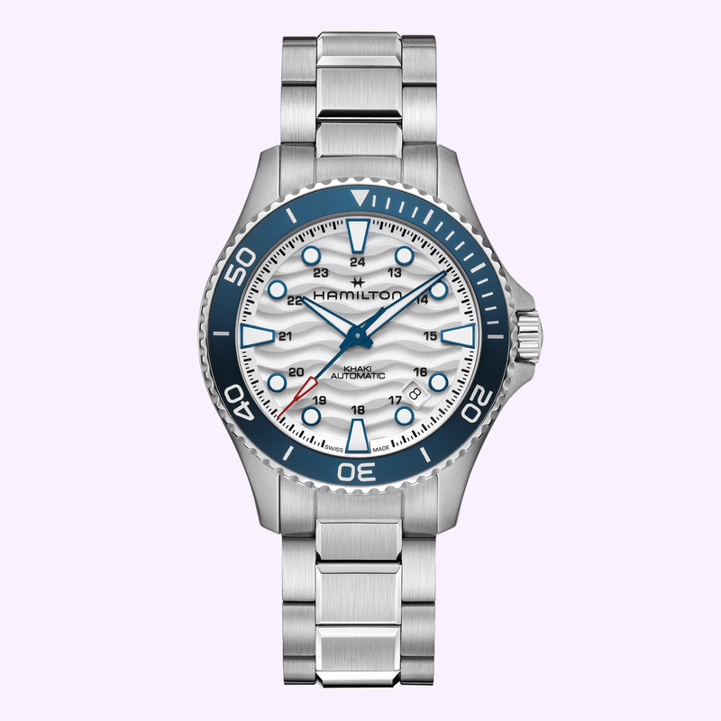 Hamilton Khaki Navy Scuba Auto 40mm H82425110 white wave-textured dial front view