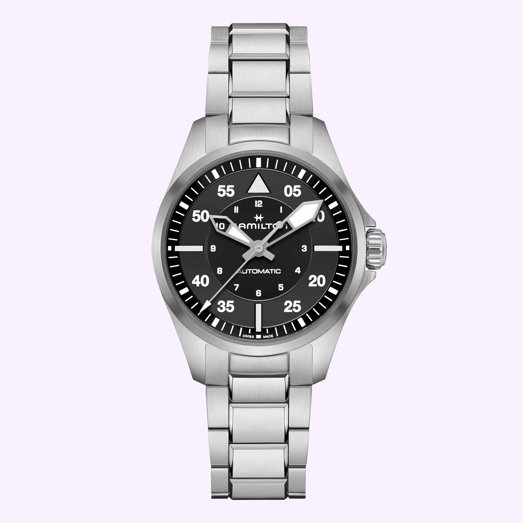 The Hamilton Watches Khaki Aviation Pilot Auto H76215130 features a 36mm stainless steel case, black dial with white numerals, silver hands, and both 12-hour and 24-hour markers. The dial displays 