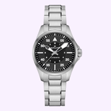The Hamilton Watches Khaki Aviation Pilot Auto H76215130 features a 36mm stainless steel case, black dial with white numerals, silver hands, and both 12-hour and 24-hour markers. The dial displays "reloj automático." Brand: Hamilton Watches.