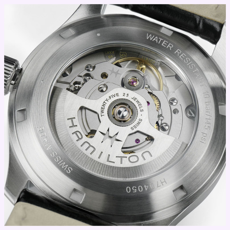 Hamilton Khaki Field Murph 38mm H70405740 open case back showing H-10 automatic movement