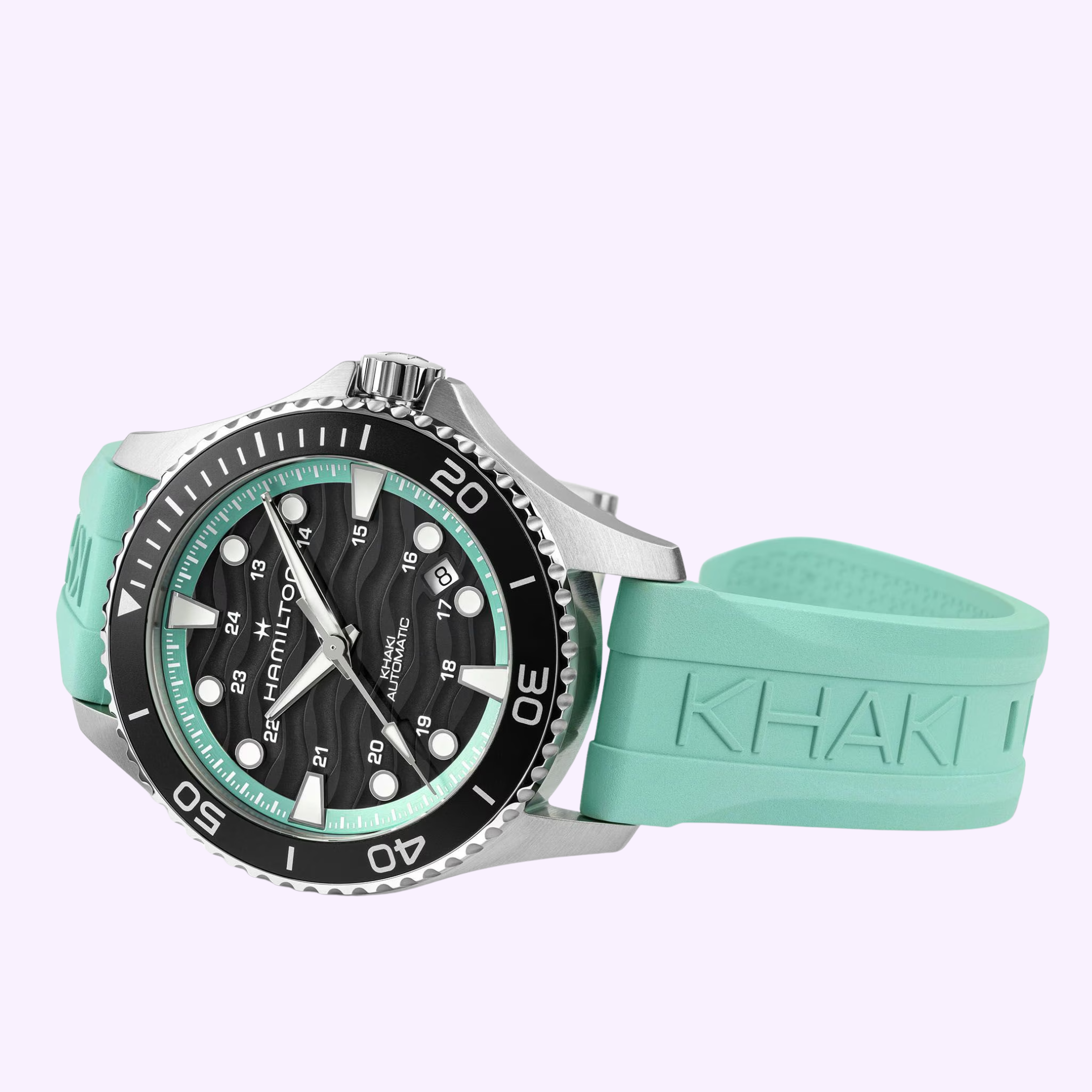 The Hamilton Watches Khaki Navy Scuba 40mm H82415331 features a silver and black case, black dial, mint green 