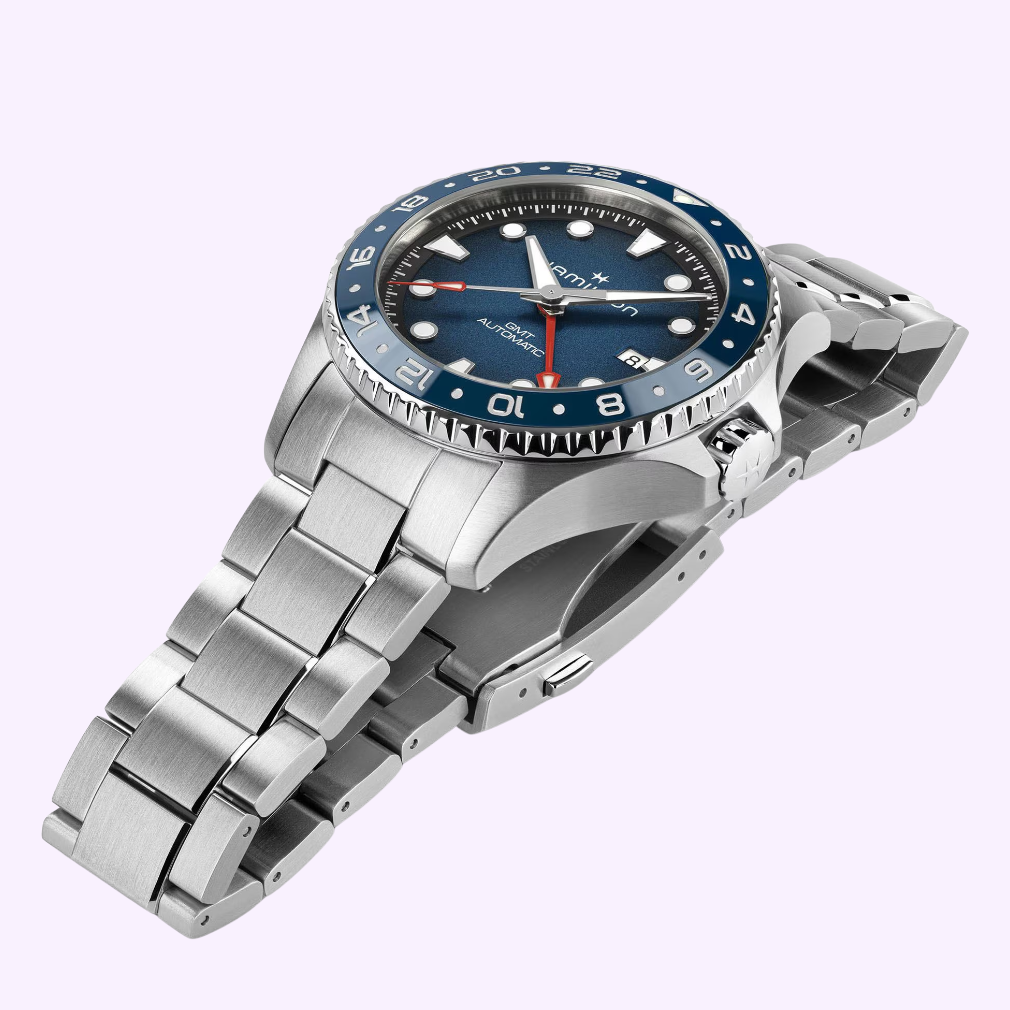 Angle View Hamilton Watches Khaki Navy Scuba Auto GMT 43mm H82535140