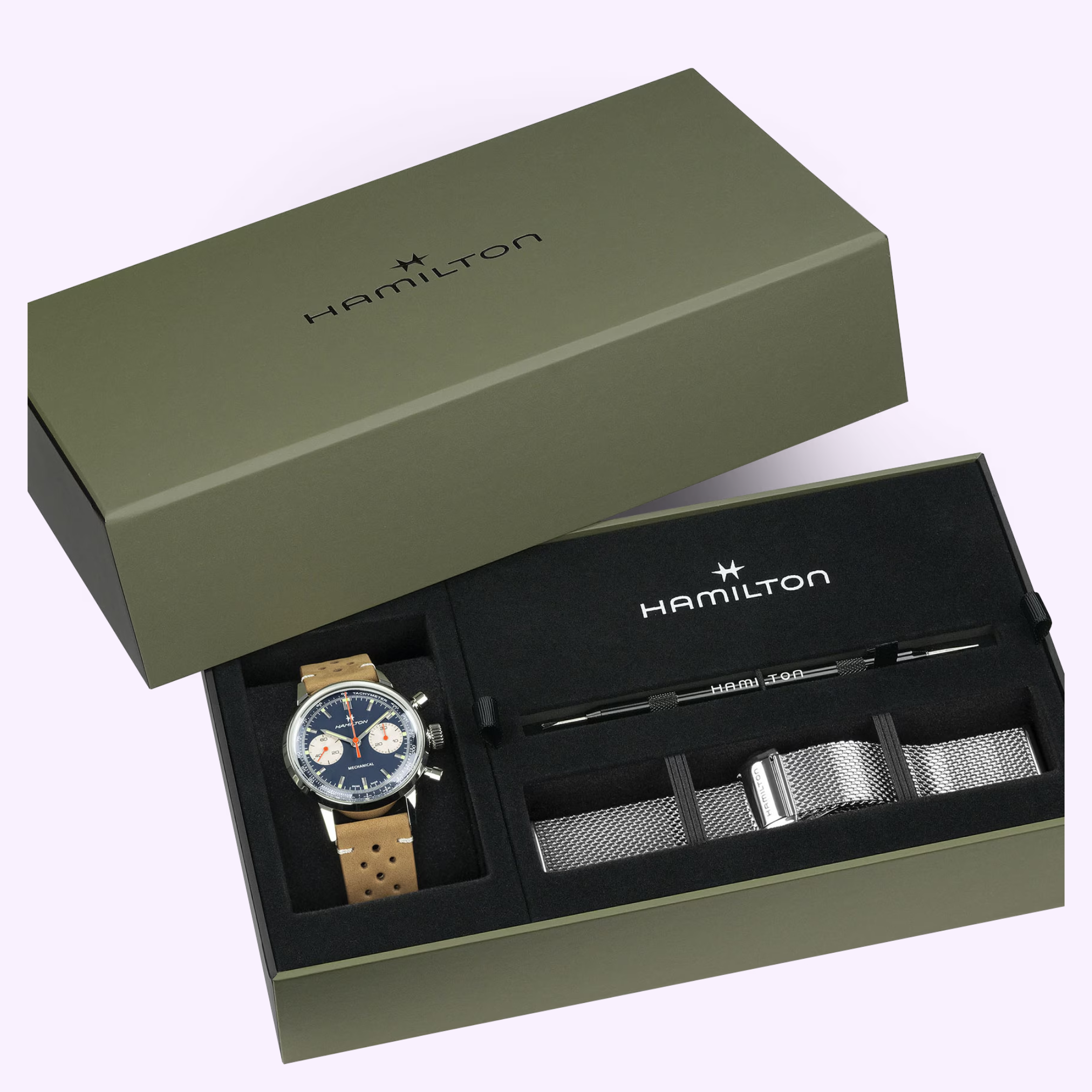 The Hamilton Watches American Classic Intra-matic Chronograph H38429541 gift set includes a 40mm watch with brown leather and silver mesh straps, a strap-changing tool, all in an olive green box with signature Hamilton branding.