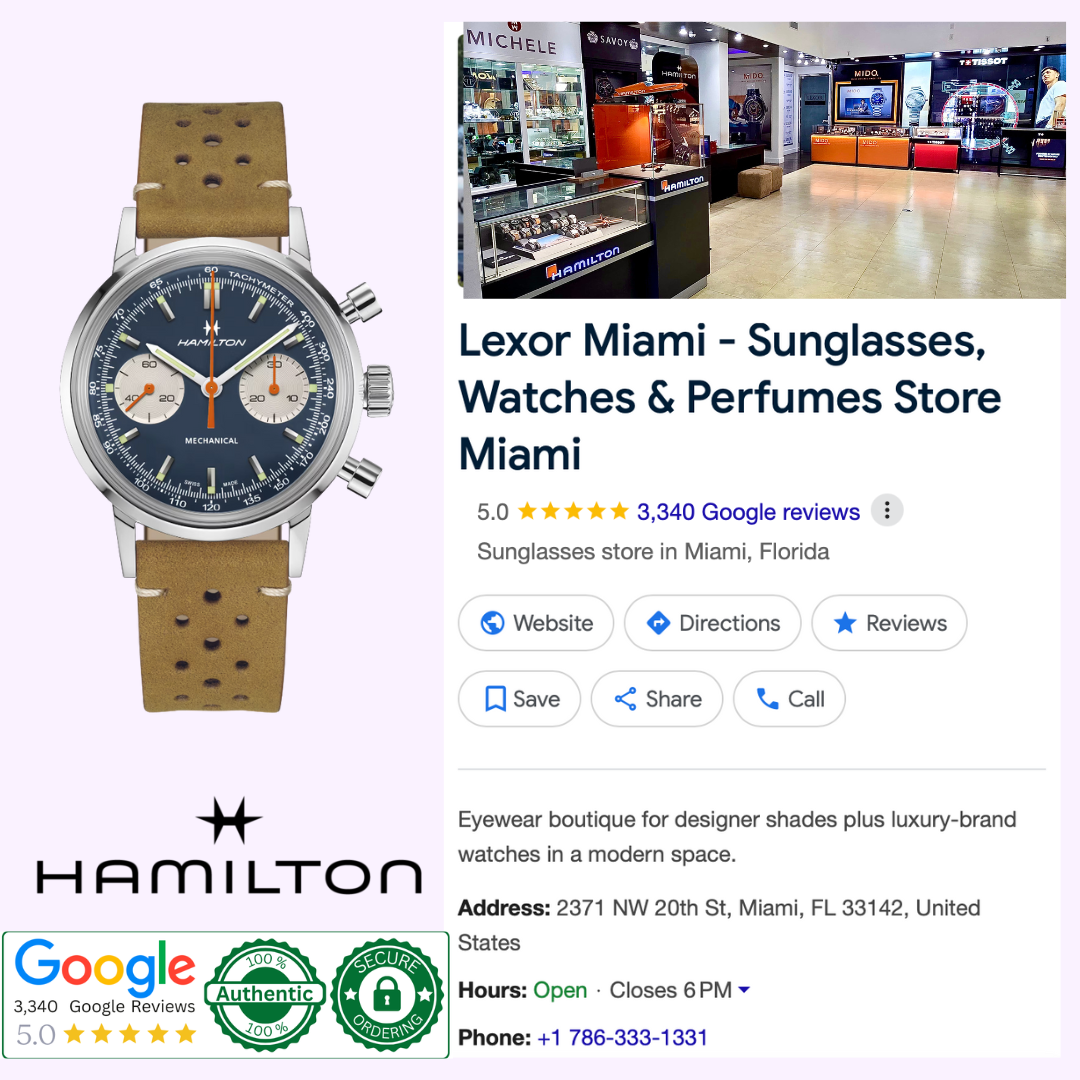 A collage featuring the 40mm Hamilton Watches American Classic Intra-matic Chronograph H38429541, Lexor Miami store interior, store info, rating, location, hours, phone number, plus Google, authenticity & secure shopping seals.