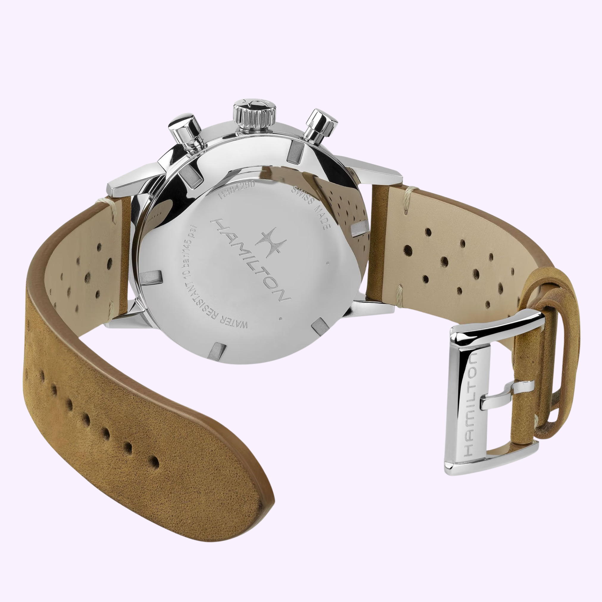A close-up of the back of a 40mm Hamilton Watches American Classic Intra-matic Chronograph H38429541, featuring a stainless steel case, tan leather strap, and visible Hamilton Watches branding on the case and buckle.