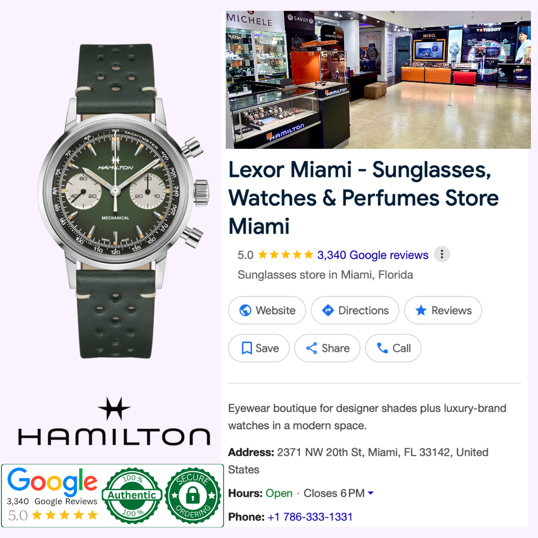 A Hamilton Watches American Classic Intra-matic Chronograph H38429861 with a green strap is shown next to a Google listing for Lexor Miami, which sells sunglasses, watches, and perfumes. Hamilton and Google review logos plus authenticity seals are displayed below.