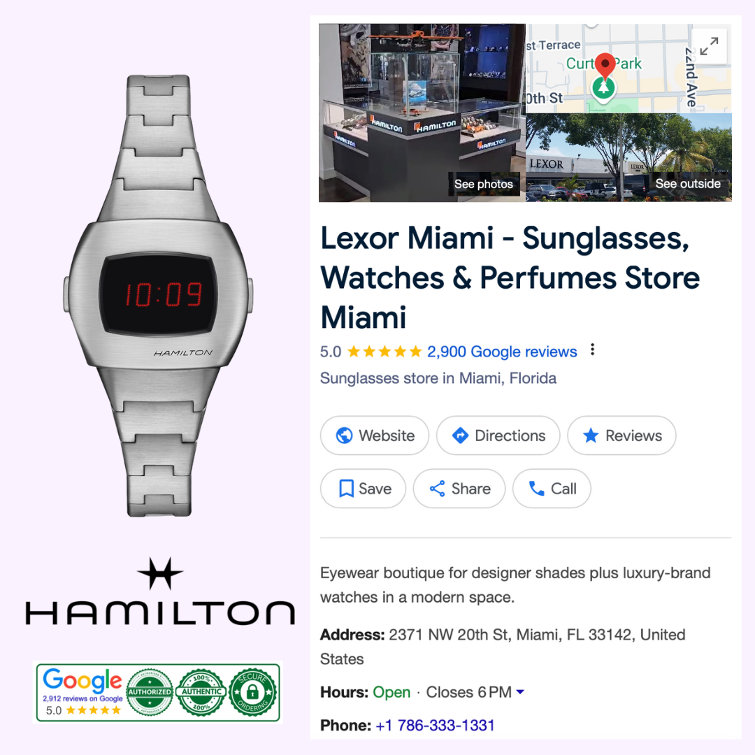 Hamilton Watches American Classic PSR 74 H52304130 digital wristwatch next to Google business listing for Lexor Miami, a Miami store offering sunglasses, watches, and perfume with photo, address, hours, 5-star rating, and contact info.