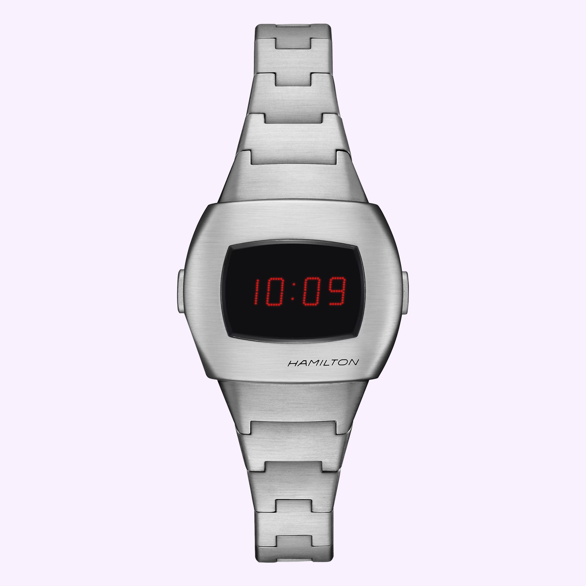 The Hamilton Watches American Classic PSR 74 H52304130 features a silver cushion design, rectangular display with red LED digits showing 10:09, 