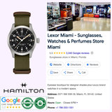 A Hamilton Watches Khaki Field Mechanical Power Reserve 40 mm H69509930 wristwatch with an olive green strap appears beside a Google listing for Lexor Miami - Sunglasses, Watches & Perfumes Store showing store details, reviews, and a storefront photo.