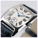 Close-up of the Hamilton Watches American Classic Boulton Small Second Quartz H13321611—a women's luxury timepiece featuring a white dial with black Roman numerals, elegant blue hands, a small seconds subdial, and a dark leather strap against a blurred background. This sophisticated watch from Hamilton Watches combines timeless style with the precise reliability of Swiss quartz movement.