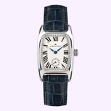 Featuring a rectangular silver case, white dial with black Roman numerals, and a small seconds subdial, the Hamilton Watches American Classic Boulton Small Second Quartz H13321611 exudes timeless sophistication. A dark blue leather strap enhances its elegant design while the Hamilton brand name is positioned below 12 o'clock, signifying its heritage within the esteemed American Classic Boulton collection. Powered by reliable Swiss quartz movement, this women's luxury watch combines precise performance with