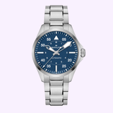 The Hamilton Watches Khaki Aviation Pilot Auto 39mm H76305140 features a stainless steel case, blue dial with silver hour markings, metal link bracelet, and bold silver hands. This automatic watch shows both 12-hour and 24-hour formats.