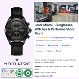 A Hamilton Watches Khaki Field Auto Chrono 42mm H71626735 is shown next to a Google listing for Lexor Miami, a Miami, FL store selling sunglasses, watches, and perfumes, with reviews and an interior photo.