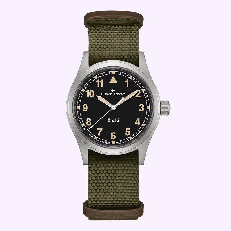 Hamilton Khaki Field Quartz 38mm H69401930, black dial with green NATO strap