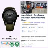 A black Hamilton Watches Call of Duty: Modern Warfare 4 KHAKI FIELD H69469930 SPECIAL EDITION watch with a dark green fabric strap, displayed next to a store listing for Lexor Miami featuring their address, hours, and Google rating.