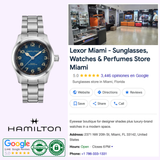 A Hamilton Watches Khaki Field Murph 38mm H70405140, a classic field watch from Hamilton Watches, featuring a 38mm case and metal band, is displayed alongside an image of Lexor Miami store showcasing eyewear and perfumes, together with store details, reviews, and contact information.