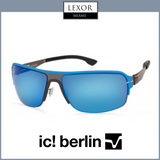 Ic! Berlin Runway Graphite Pool Unisex Sunglasses by Ic Berlin Sunglasses, featuring blue mirrored square lenses and a black rubber hybrid frame, are displayed on a white background with the Lexor Miami logo above and the ic! berlin logo below.